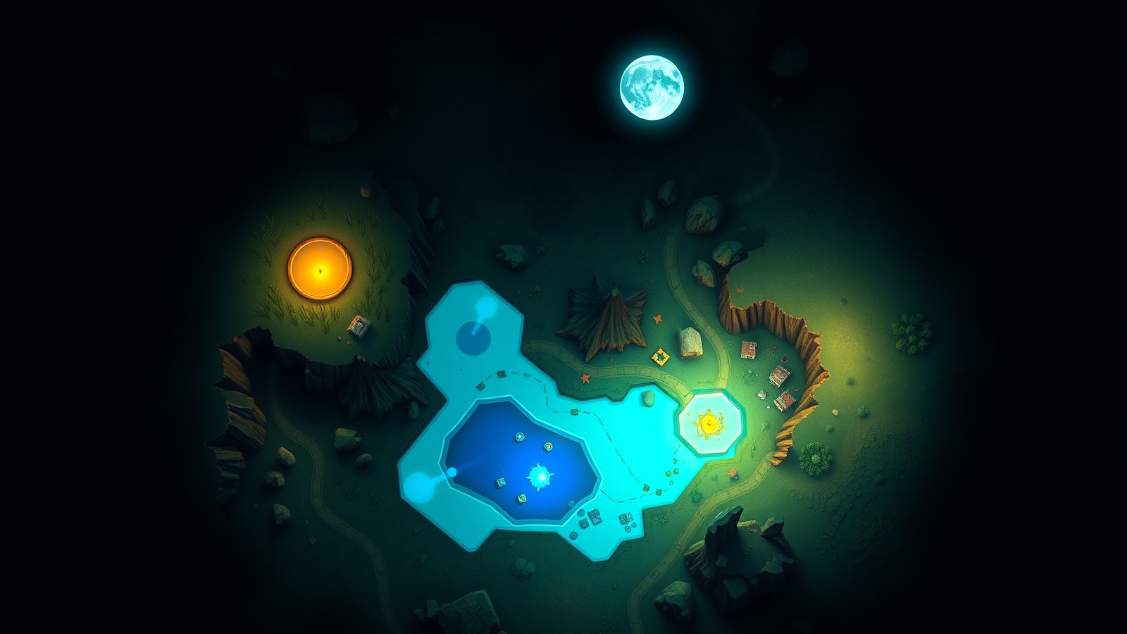 A wordless aerial view of Asterfall's crater city, glowing territories, reedbeds, archives, and star crater.